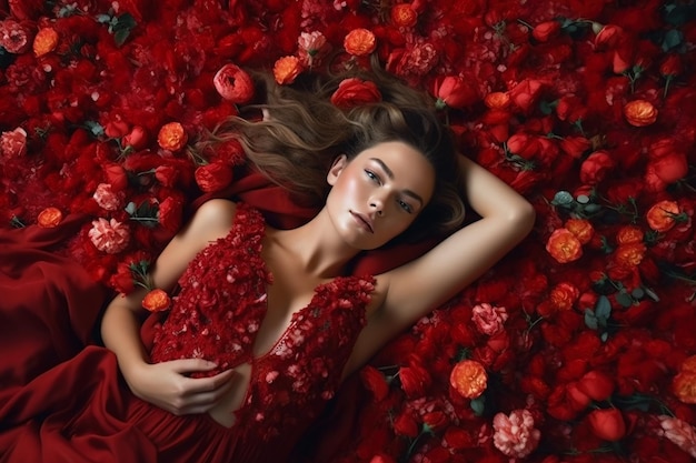 Jovem de vermelho deitada em flores menina adulta em fundo floral generativo AI