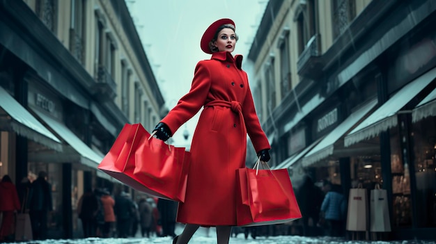 jovem de vestido vermelho a correr a fazer compras com sacos