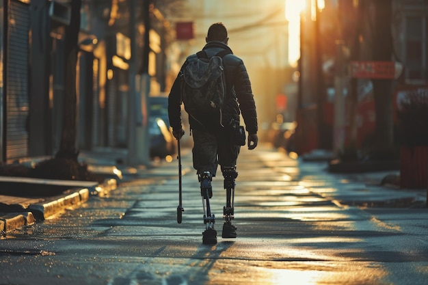 Foto jovem deficiente com pernas protésicas a caminhar na rua atleta homem com perna protésica a caminhar ao ar livre gerado pela ia