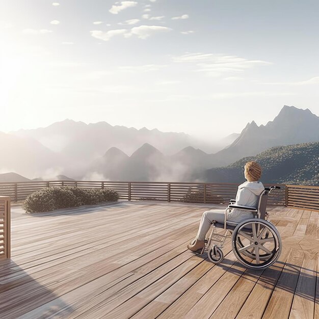 Jovem deficiente em cadeira de rodas na renderização 3D do terraço de madeira