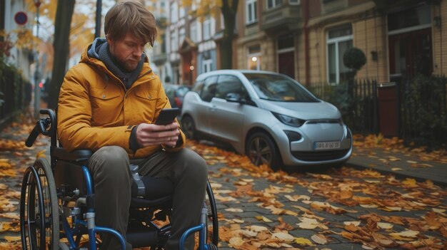 Jovem deficiente em cadeira de rodas usando smartphone em uma rua da cidade alinhada com folhas de outono