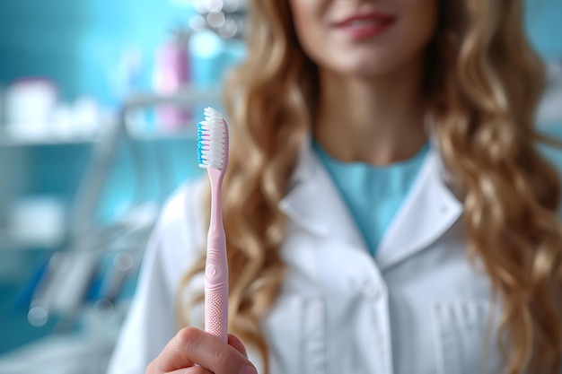 Foto jovem dentista com escova de dentes e raspador de língua em fundo azul