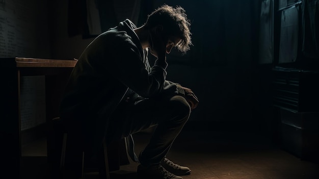 Jovem deprimido sentado à mesa em um quarto escuro