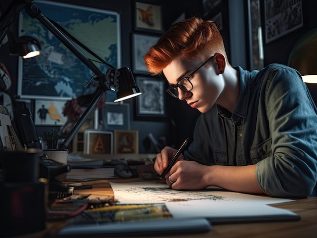 Jovem desenhando em uma mesa