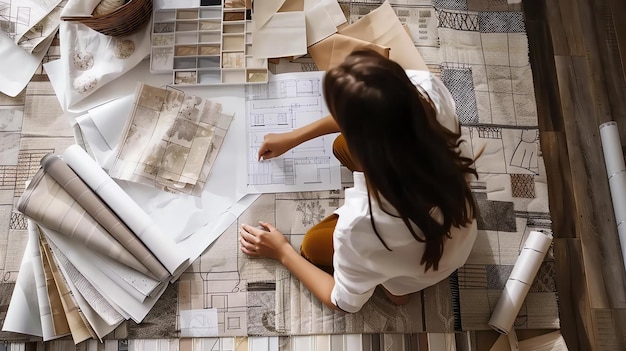 Foto jovem designer de interiores trabalhando em um projeto ela está sentada no chão e olhando para os planos