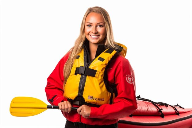 Foto jovem desportista em caiaque de canoa vermelha com um colete salva-vidas e um remo isolado em fundo branco