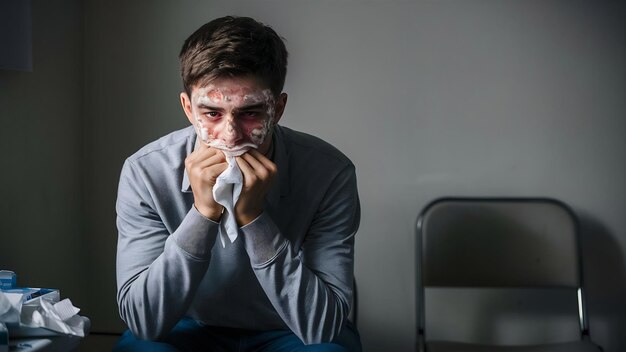 Foto jovem doente que sofre de alergia isolado