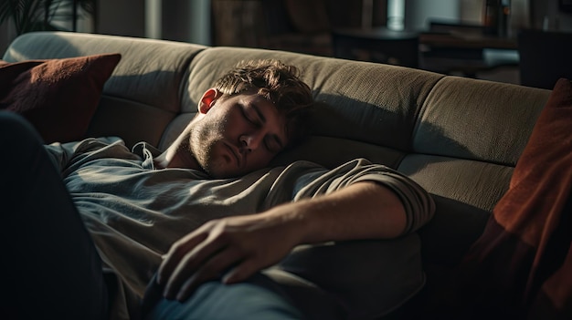 Jovem dormindo no sofá em casa