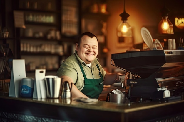 Jovem e alegre garçom com síndrome de Down a trabalhar num restaurante de comida para levar conceito de inclusão social Generative Ai