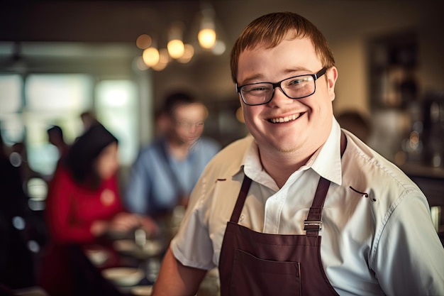 Jovem e alegre garçom com síndrome de Down a trabalhar num restaurante de comida para levar conceito de inclusão social Generative Ai