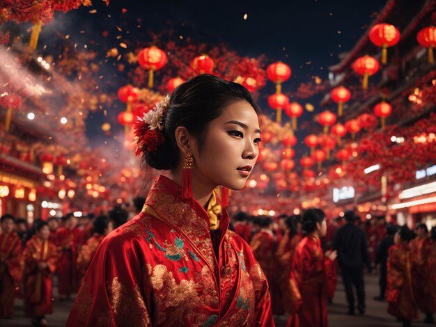 Jovem e bela garota asiática em traje tradicional no feriado do ano novo chinês