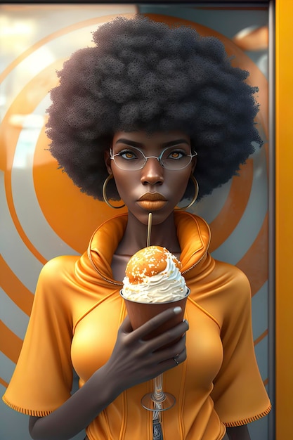 Jovem e bela mulher africana de cabelo preto texturizado afro roupa fofa com esquema de cores ouro e laranja gerado por IA