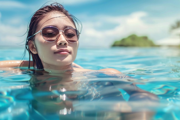 Jovem e bela mulher asiática a nadar na piscina.