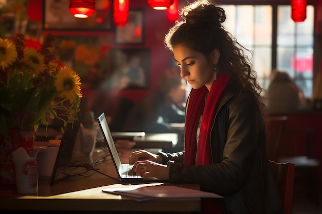 Jovem e bela mulher de negócios a trabalhar no computador num café.