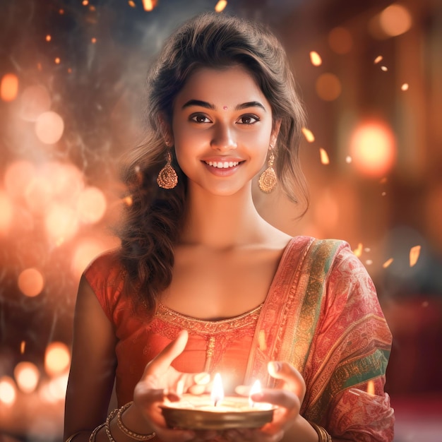 Jovem e bela mulher indiana celebrando o festival de Diwali