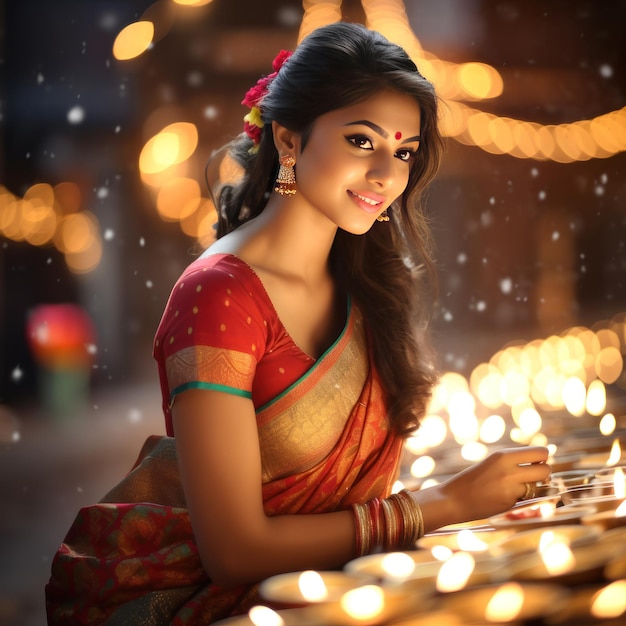 Jovem e bela mulher indiana celebrando o festival de Diwali