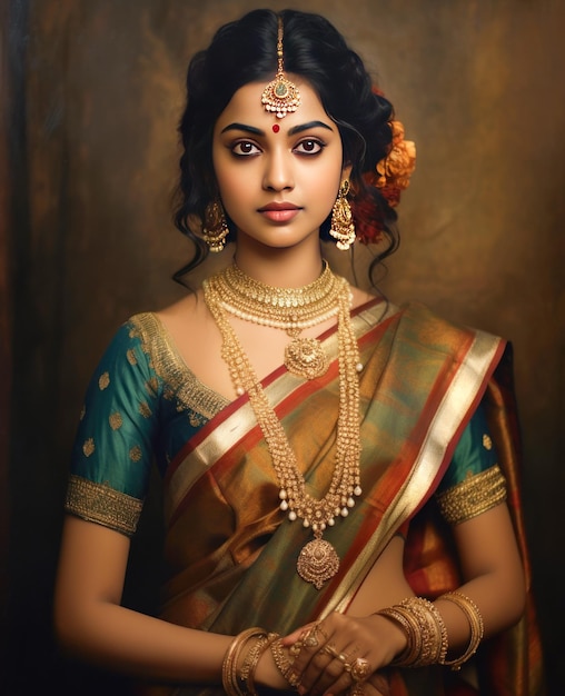 Jovem e bela mulher indiana com roupas e jóias tradicionais