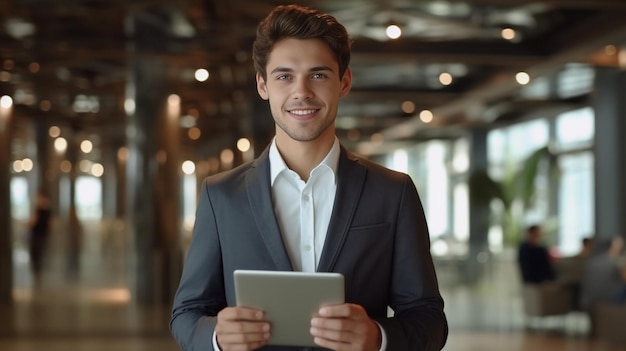 Jovem e bem sucedido Jovem empresário moderno olhando para a câmera e usando ta digital IA generativa