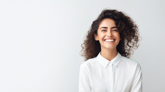 Foto jovem e bonita funcionária de escritório vestindo roupas brancas de trabalho sorrindo felizmente generative ai