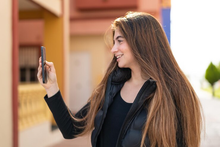 Foto jovem e bonita mulher caucasiana usando telefone celular ao ar livre com expressão feliz