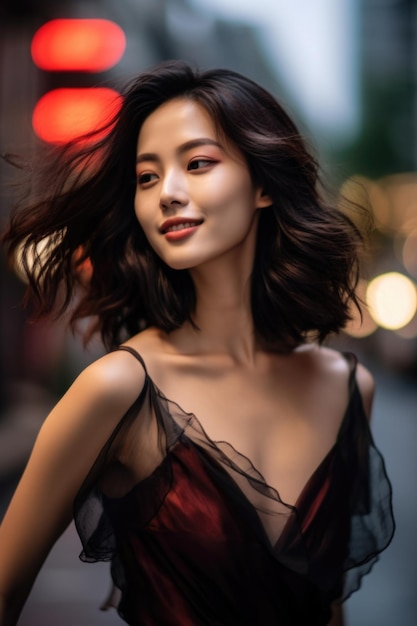 Jovem e bonita mulher chinesa em um vestido posando para a câmera em uma rua da cidade