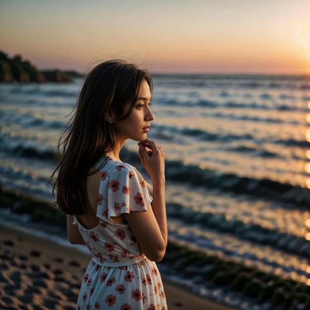 Foto jovem e bonita na praia do pôr-do-sol