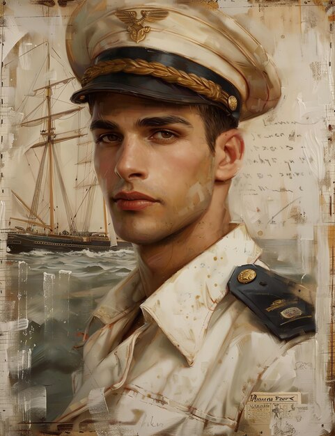 Foto jovem e bonito capitão de um navio de estilo vintage junk journal