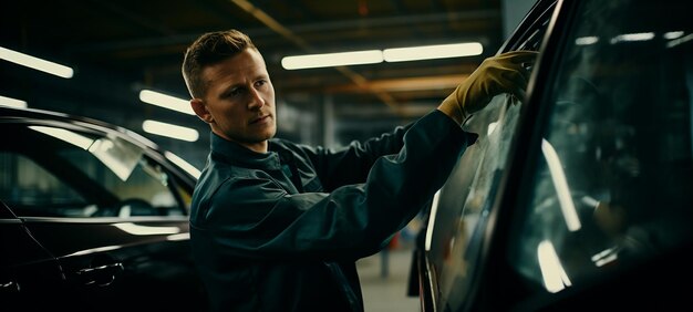 Jovem e bonito construtor de carros reparando um carro avariado