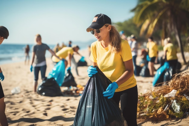 Jovem e equipe de trabalhadores voluntários se divertem com o projeto de limpeza de lixo e separação de resíduos no conceito do dia mundial do meio ambiente ao ar livre