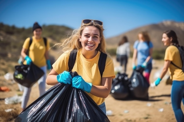 Jovem e equipe de trabalhadores voluntários se divertem com o projeto de limpeza de lixo e separação de resíduos no conceito do Dia Mundial do Meio Ambiente ao ar livre