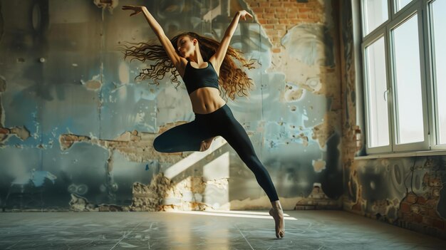 Jovem e graciosa bailarina está dançando no edifício abandonado conceito de se expressar através da dança