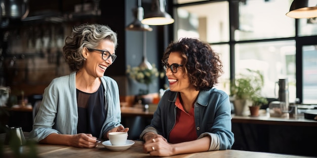 Jovem e idoso Duas mulheres estão sentadas dentro da mesa bela ilustração imagem