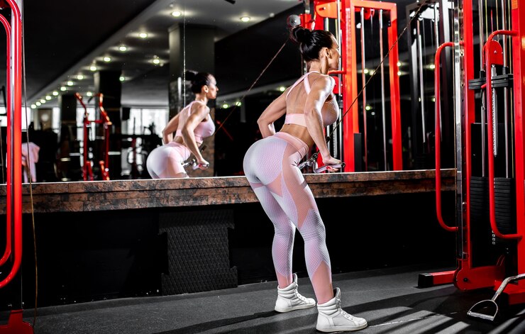 Foto jovem e personal trainer com pesos, músculos extensores na academia
