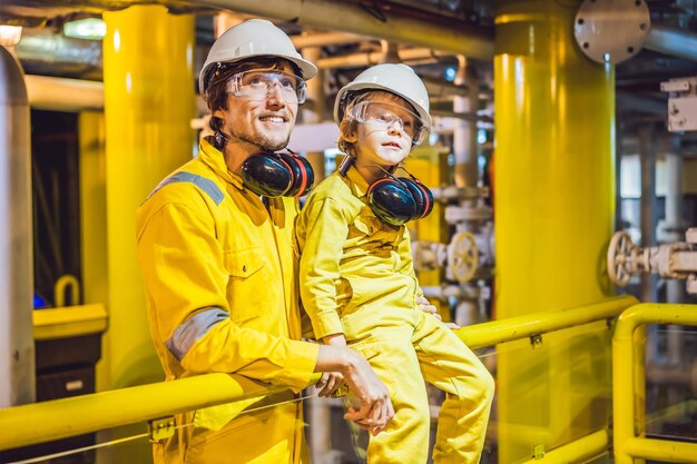 Jovem e um garotinho estão ambos em um uniforme de trabalho amarelo óculos e capacete em um industrial