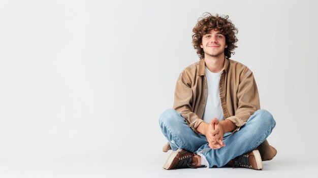 Foto jovem elegante com cabelo encaracolado sentado em fundo branco com painel em branco