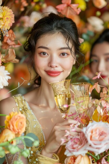 Foto jovem elegante em vestuário de ouro festivo brindando com champanhe em festa decorada com flores