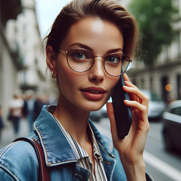 Jovem elegante falando ao telefone durante a hora dourada na movimentada rua da cidade