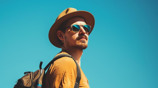 Foto jovem elegante vestindo chapéu e óculos de sol olhando para longe com expressão séria