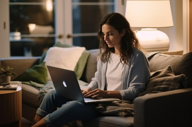 Foto jovem em casa usando um laptop para navegar em um site de compras de varejo on-line ela está sentada em um sofá em sua aconchegante sala de estar por cima do ombro foto da câmera