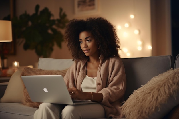 Jovem em casa usando um laptop para navegar em um site de compras de varejo on-line Ela está sentada em um sofá em sua aconchegante sala de estar por cima do ombro Foto da câmera
