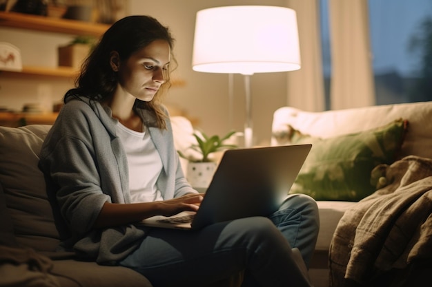 Foto jovem em casa usando um laptop para navegar on-line