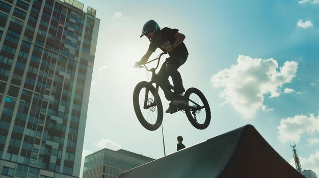 Jovem em equipamento de proteção pulando com sua bicicleta na rampa contra o fundo da paisagem urbana