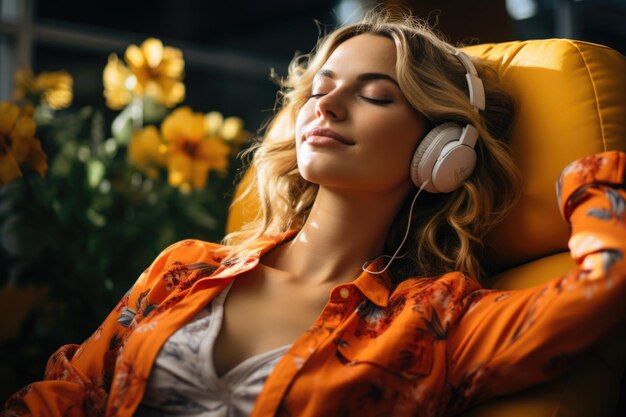 Foto jovem em fones de ouvido relaxando encostado na cadeira confortável com as pernas na mesa em casa