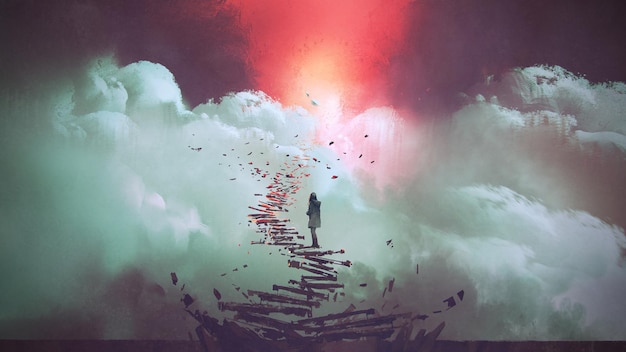 jovem em pé em escadas quebradas que conduzem ao céu, estilo de arte digital, pintura de ilustração