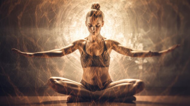 Foto jovem em pose de ioga avançada, ondulação de energia de dupla exposição no corpo heróico generative ai aig20