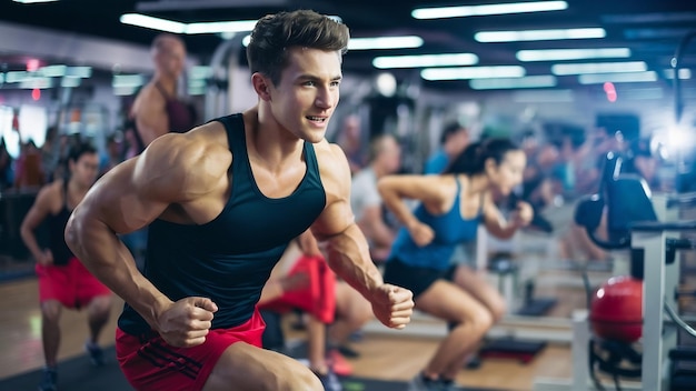 Jovem em roupas esportivas numa aula de exercícios num ginásio