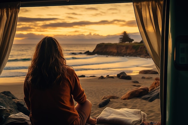 Jovem em seu trailer desfrutando de uma vista panorâmica da praia, um momento tranquilo de desejo de viajar e aventura