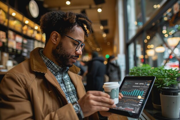 Jovem empreendedor analisando gráficos financeiros digitais em uma cafeteria de tablet configurando AI Gerado