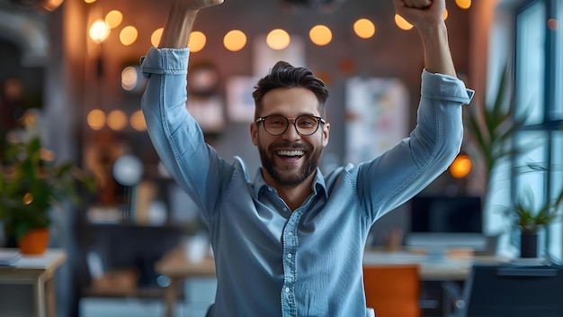 Jovem empreendedor triunfante celebrando em um escritório de startup contemporâneo com os braços levantados Conceito Negócio Sucesso Empreendedorismo Celebração Escritório de Startup Braços levantados