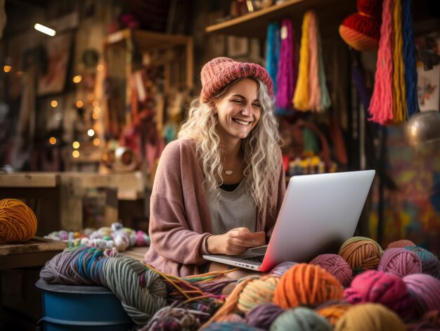 Jovem empreendedora e designer de moda trabalhando com um laptop em seu atelier de tricô